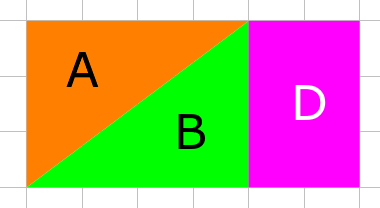 A 6 by 3 rectangle, the 4 by 3 rectangle on the left is divided into two right angled triangles A and B, and the 2 by 3 rectangle on the right is labelled D.