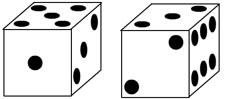 die with 5 on top face, 1 on near face, 3 on right face. Die with 3 on top face, 2 on near face and 6 on fight face