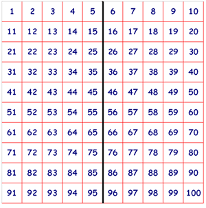 100 square with mirror line drawn in