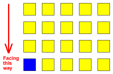 Five rows, four columns of chairs, with the bottom leftmost one a different colour, all facing towards the bottom of the screen