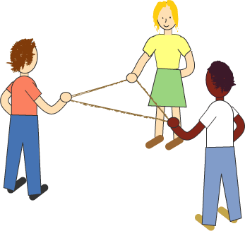 3 children holding string to make triangle