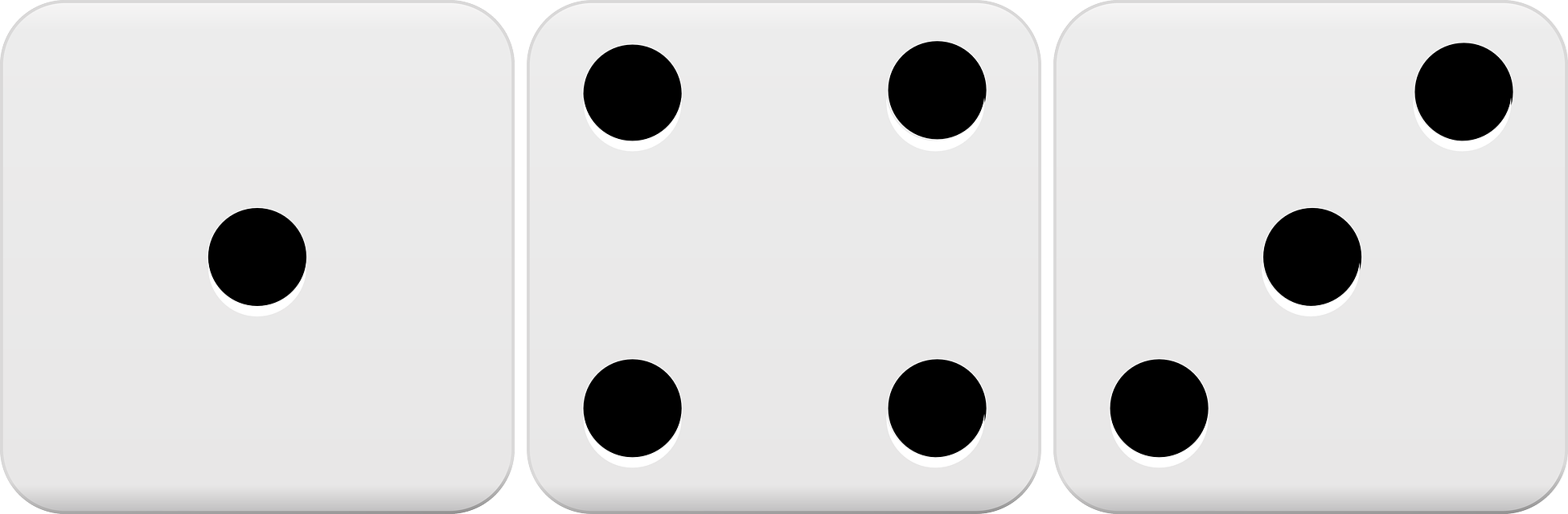 Three dice with 1, 4, 3 showing on the tops of the dice