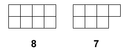 Eight squares arranged as a row of four on the top and a row of four on the bottom. Seven squares arranged as a row of four on the top and a row of three on the bottom.