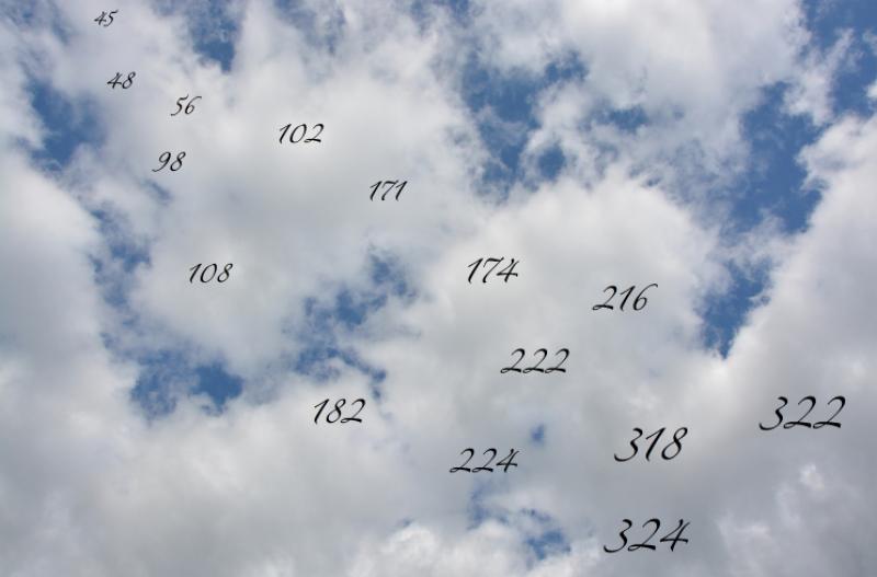 A sky with numbers on the clouds. 45, 48, 56, 98, 102, 108, 171, 174, 182, 216, 222, 224, 318, 322, 324.