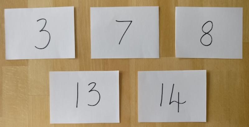 Five envelopes, each one showing one of the numbers 3, 7, 8, 13, 14.