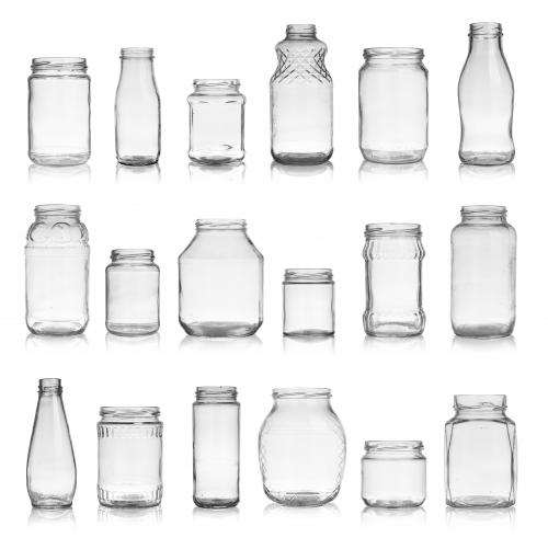 Bottles and jars of different sizes.