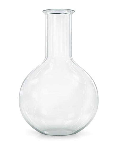 A round bottomed flask which is mostly spherical, with a cylindrical top.