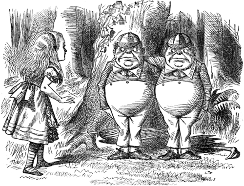 An illustration of Alice, Tweedle Dum and Tweedle Dee from Alice Through The Looking Glass.