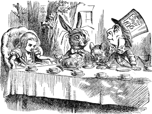 An illustration of the Mad Hatter's tea party from Alice in Wonderland.