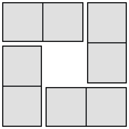 4 blank dominoes arranged in a square with one domino and half of another domino making up one side of the square.