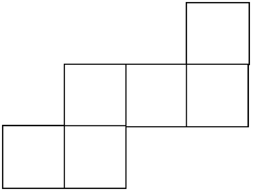 A net of a cube. One square is at the top right, with a row of three squares below it. The bottom row contains two squares and sticks out to the left.