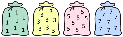 4 bags. Each is filled with a large number of ones, threes, fives, or sevens.