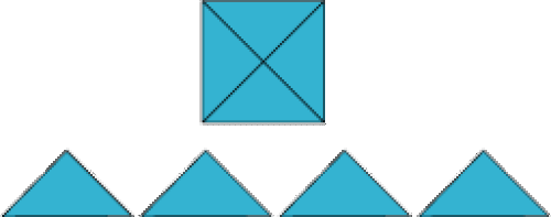 A square cut diagonally from 2 corners to the opposite corner. Below are 4 right-angled isosceles triangles.