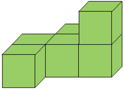3 cubes arranged in a row. The first cube has another cube to the front of it. The second cube has another cube behind it. The third cube has another cube on top of it.