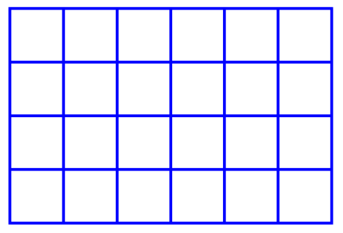 A 4 by 6 grid, with 4 rows and 6 columns, forming 24 boxes in total.