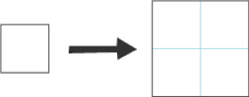 A small square with an arrow pointing to a larger square. The larger square is made of four small squares.