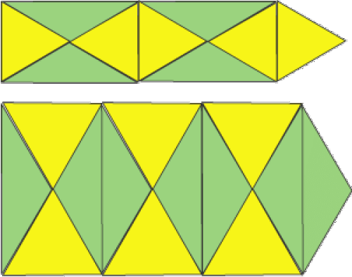 The top pattern is a series of rectangles, each made by putting the tips of two green triangles and two yellow triangles together, in the order: yellow, green, yellow, green. The second pattern is the same as the first but with the green and yellow triangles swapped.