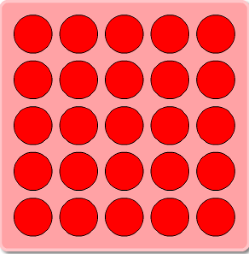 A 5-by-5 board of red circles arranged in a square.