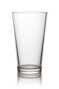 An empty pint glass, with the sides uniformly sloping out towards the top.