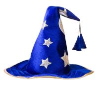 A blue witch's hat, which is pointy with a wide brim.
