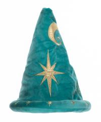 A green wizard's cap, which almost comes to a point and has a small brim.
