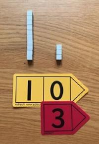 A stack of 10 cubes and a stack of 3 cubes positioned above place value cards labelled '10' and '3'.