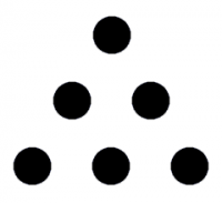 Six black dots arranged as a row of three, then two, then one at the top.