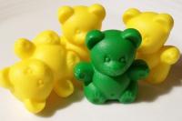 Yellow and green plastic bears.