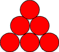 6 red circles arranged in a triangle, in rows of 1, 2 and 3.