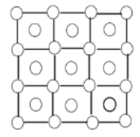 A 4 by 4 grid of dots which are joined up everywhere to make a large 3 by 3 square. Each smaller square has a dot placed in its center.