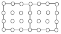 A 7 by 4 grid of dots which has all of the boundary dots connected with straight lines. The 4th column of dots is also joined, hence splitting the grid into two squares with side length 3.