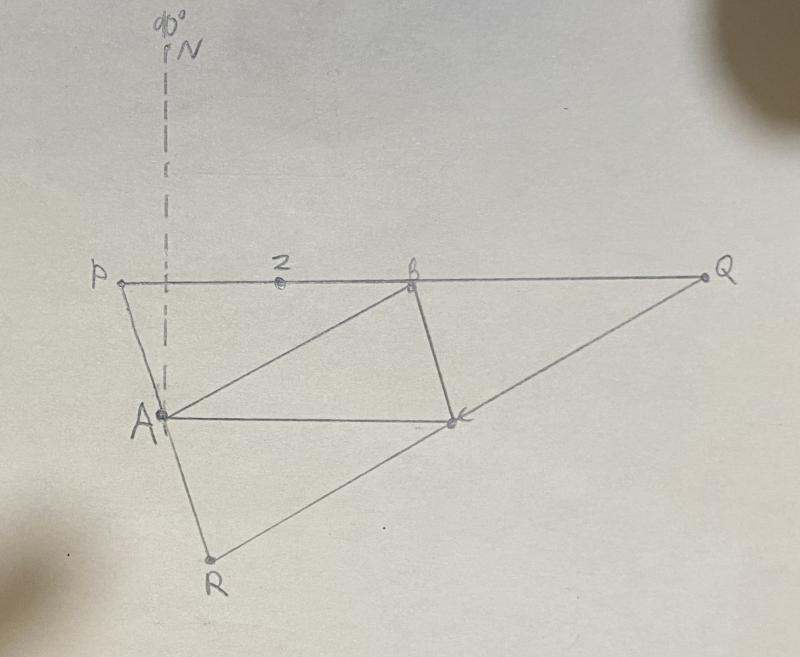 Triangle with line AN drawn perpendicular to AC and with Z marked on line AB, which is perpendicular to AN. 