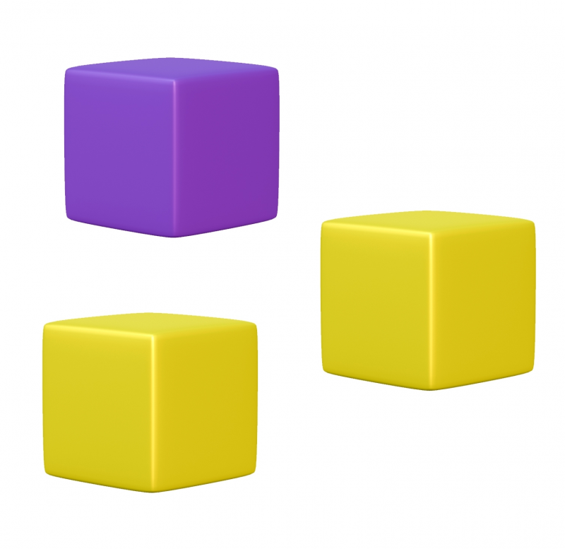 One purple cube and two yellow cubes