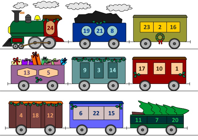 A train with the numbers 1 to 24 on the carriages. 