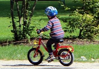 Scooters, Bikes and Trikes A child is riding a bicycle along a path, with grass and bushes in the background.