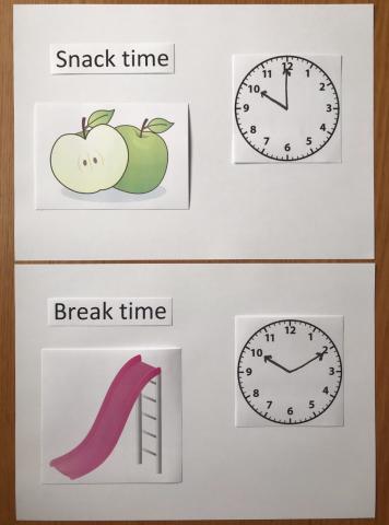 Calendar Muddle Two pieces of paper - the top piece has labels 'Snack time', a picture of some apples and a clock showing the time 10:00. The other piece of paper underneath has labels 'Break time', a picture of a slide and a clock showing the time 10:10.