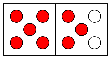 Number Talks Two squares - inside the left one there are five red dots, arranged in a diagonal cross. Inside the square on the right, there are five dots as in the other square but the dots in the top-right and bottom-right corners are white, with the other ones being red.