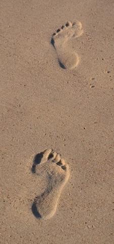 Making Footprints One left footprint and one right footprint in sand. The left footprint is above the right footprint.
