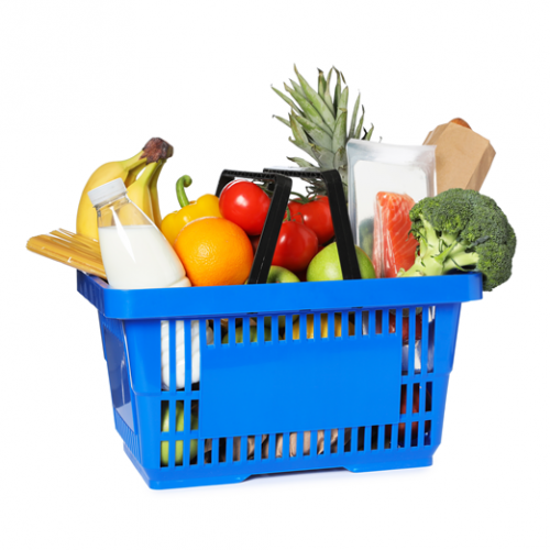 Shopping basket of various food items.