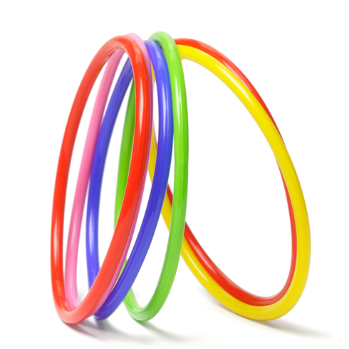 Different coloured hula hoops.