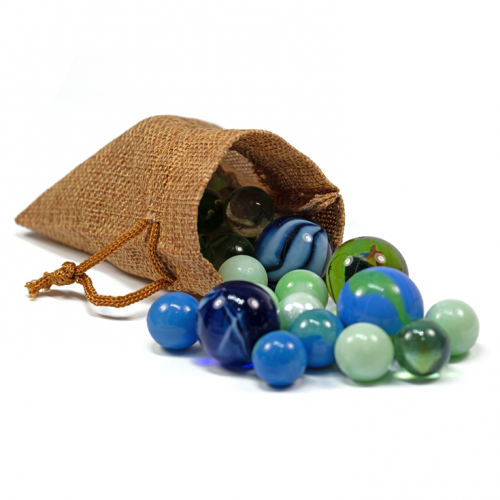 Jute bag with marbles of different colours spilling out.