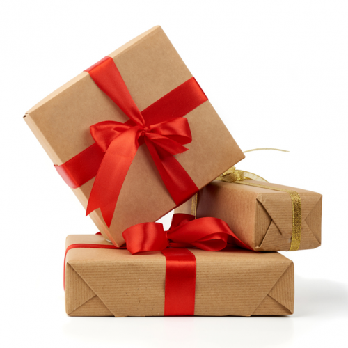 Three gift boxes wrapped in brown paper with ribbons.