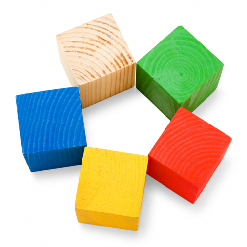 Five coloured cubes forming the edges of a pentagon.