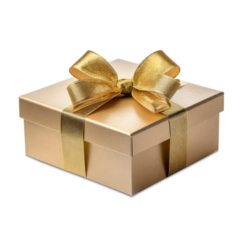 A gold gift box with a ribbon.