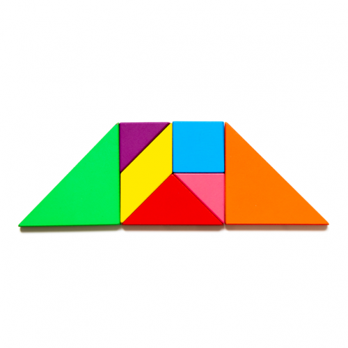 Trapezium made of wooden tangram pieces, including a square and a parallelogram.