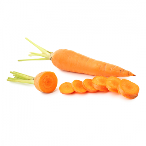 A chopped carrot beside a whole carrot. The carrot top sits away from the chopped carrot.