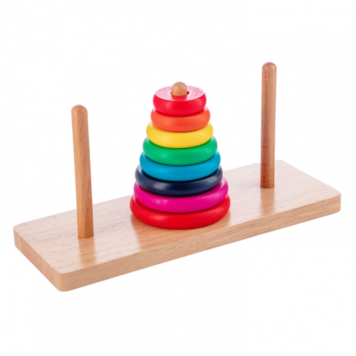 The Tower of Hanoi - three wooden poles, with several coloured rings of decreasing sizes on the middle pole.