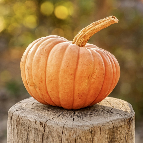 An orange pumpkin sitting on a tree stump.