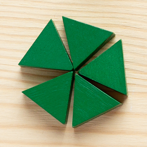 Five green equilateral triangles, arranged to almost make a complete pentagon.
