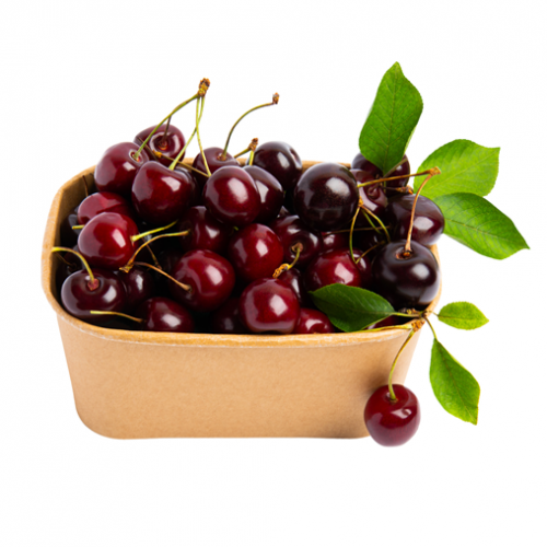 A cardboard carton of cherries.
